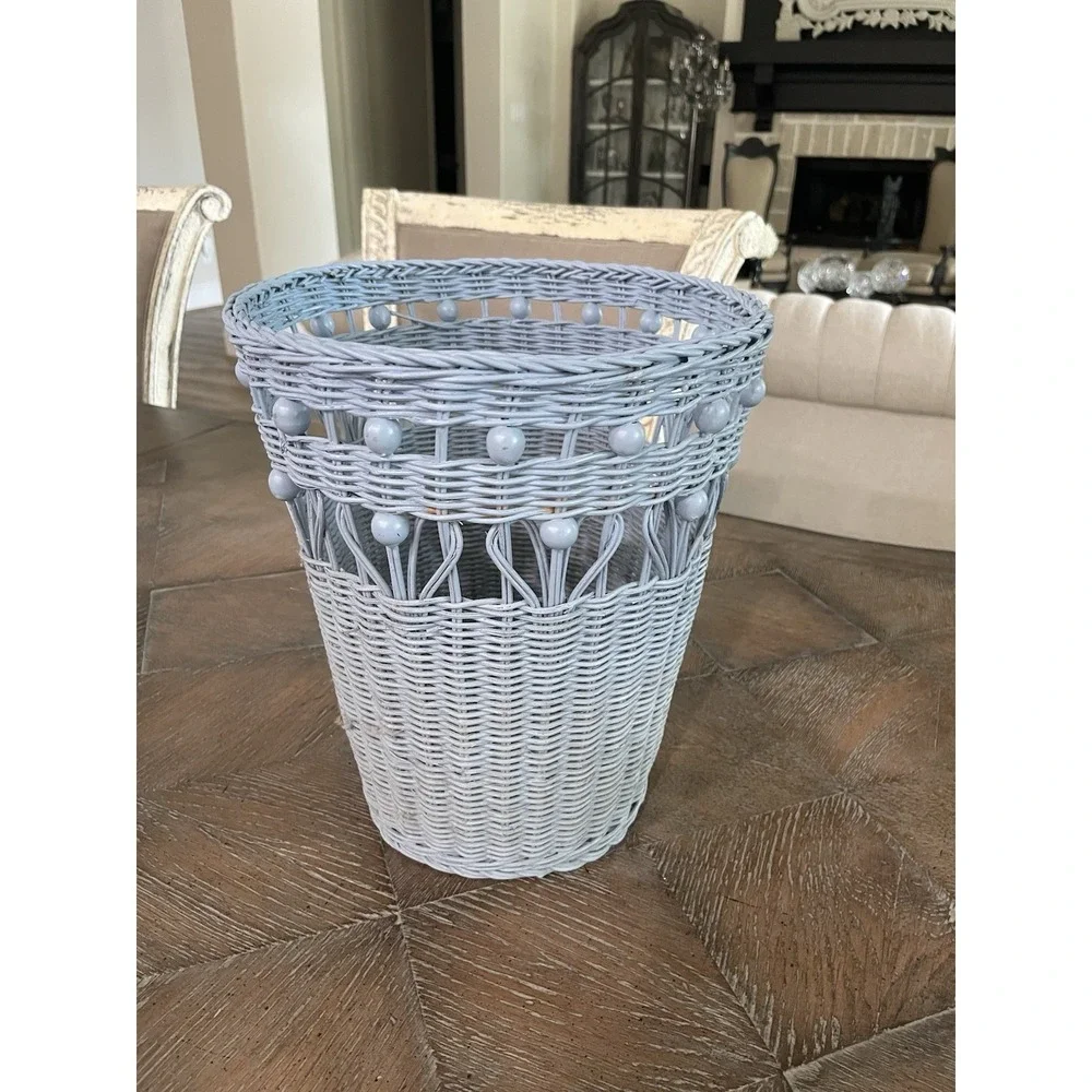 Vintage  Blue Bead Wicker Rattan Woven Waste Basket Trash Can Bin